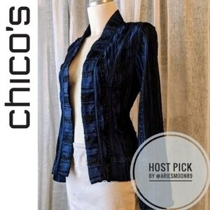 CHICO'S Jacket Blazer M Blue and Black Lacy Embellished NWT M